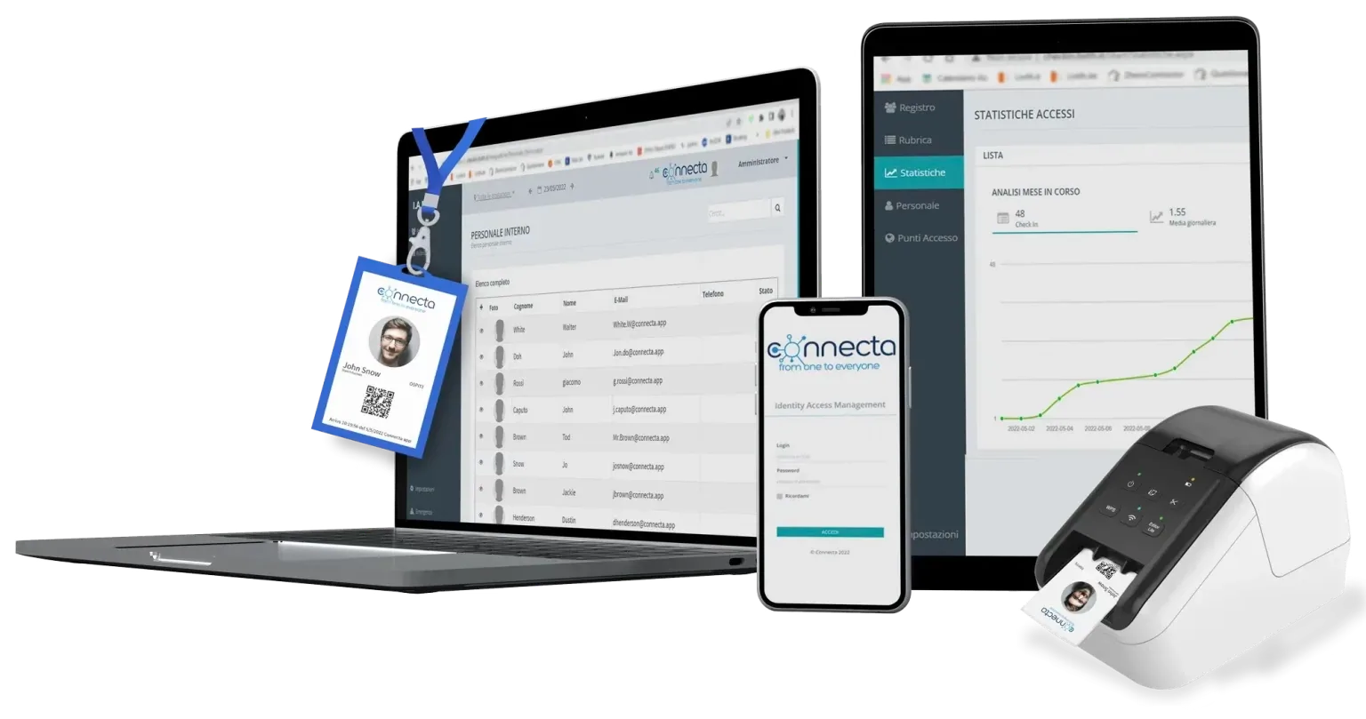 Openbadge in azione su laptop, smartphone e tablet, con badge stampato e stampante per badge